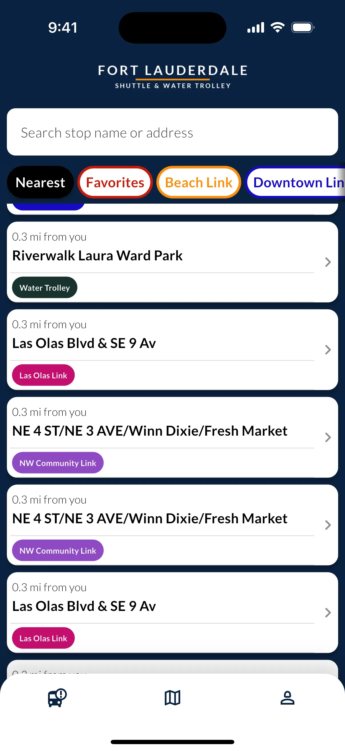Fort Lauderdale Trolley Tracker app showing nearby trolley stops with live arrival information