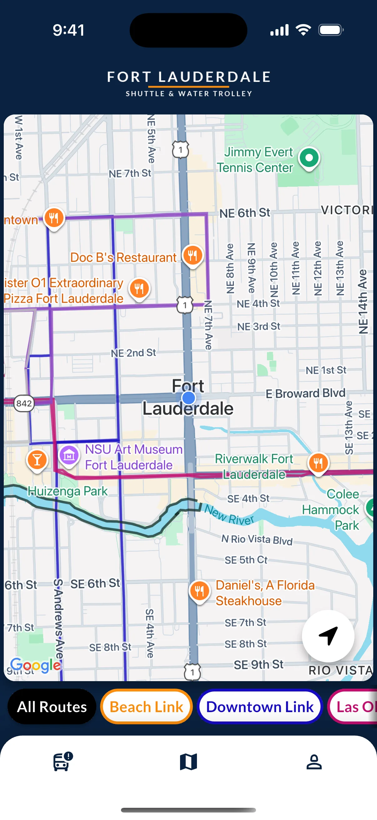Stop detail screen showing upcoming Fort Lauderdale arrivals with live data